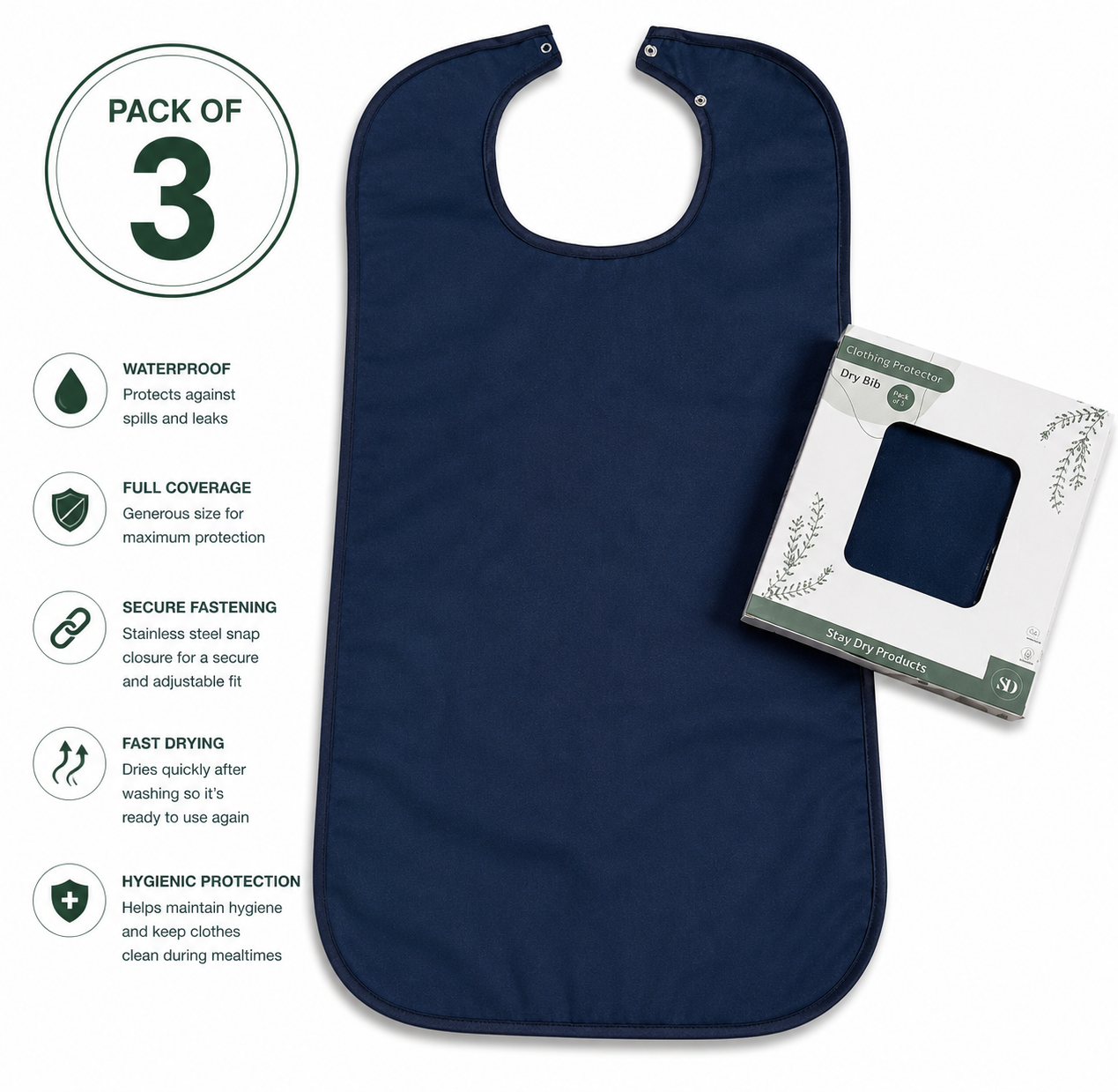 New Style Dry Bibs Plain - 3-Pack | Long Premium Clothing Protectors for Care Homes