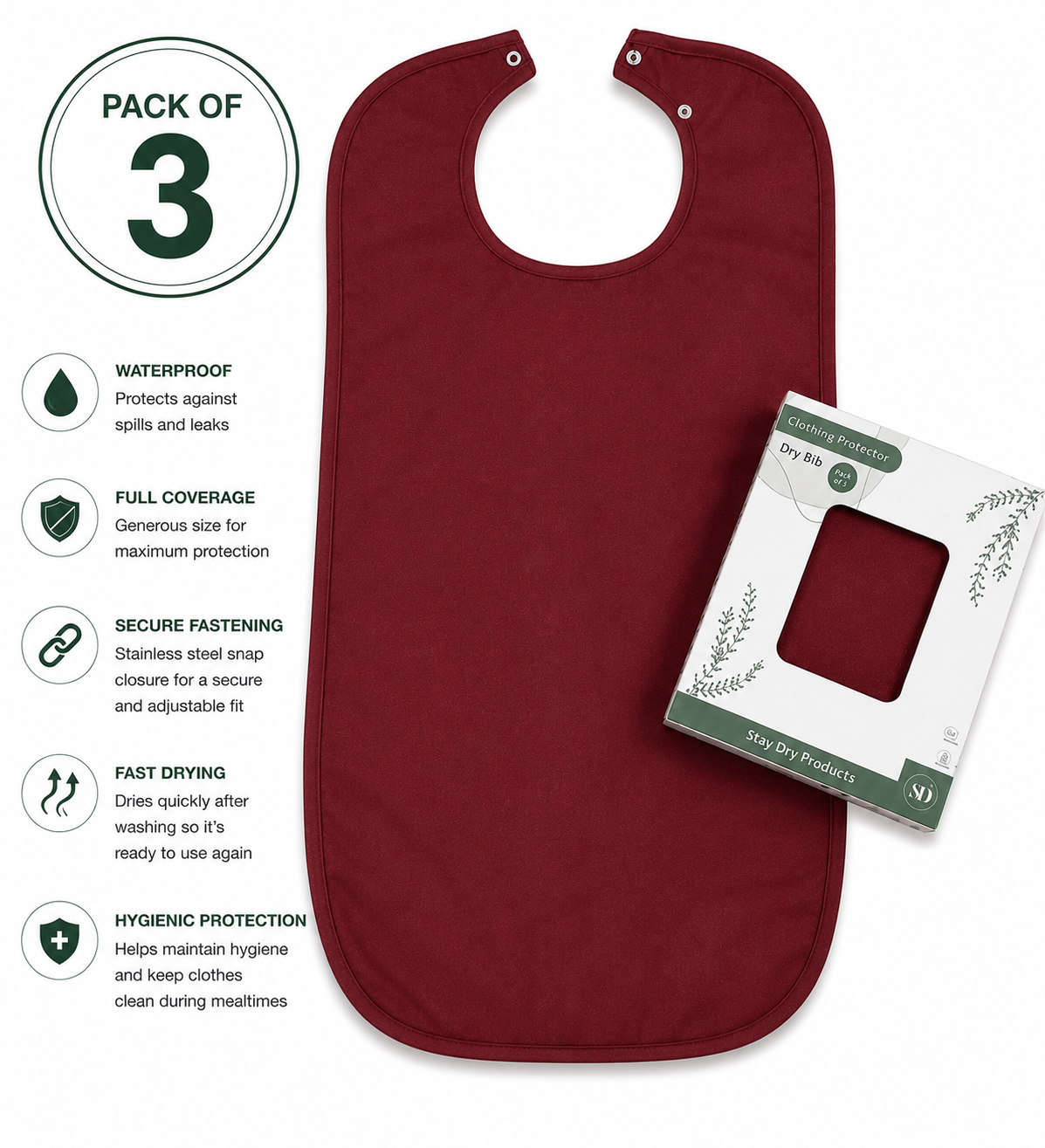 New Style Dry Bibs Plain - 3-Pack | Long Premium Clothing Protectors for Care Homes